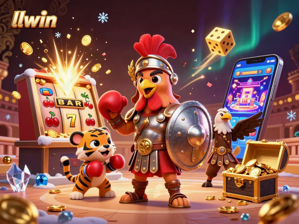 Engage with llwin's thrilling casino adventures featuring a gladiator rooster in armor and dynamic game elements.