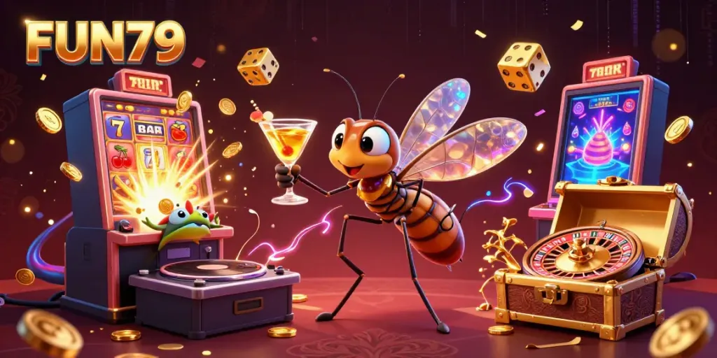 Engage in thrilling gameplay at FUN79 with a vibrant 3D casino scene illustrating lively characters and dynamic elements.