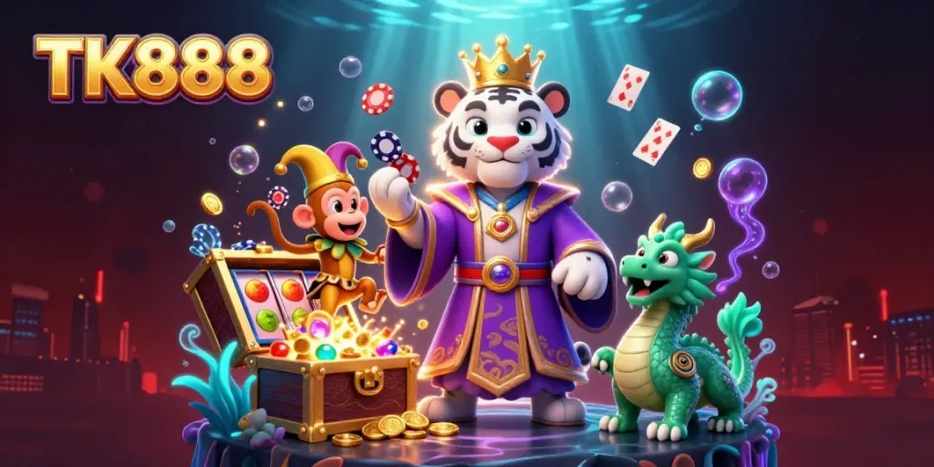 Engage with TK888's vibrant casino experience featuring a royal tiger, jester monkey, and glowing treasures.