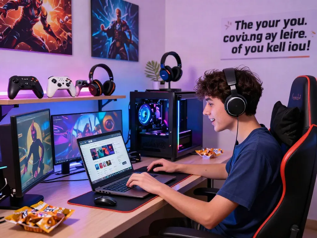 Explore gaming opportunities at warung168 with an enthusiastic gamer in a vibrant setup.