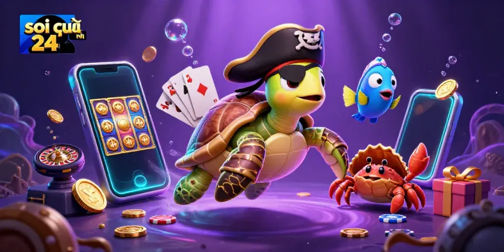 Engage in gaming excitement with soi cầu 24h, featuring a lively underwater scene with a pirate turtle and gaming elements.