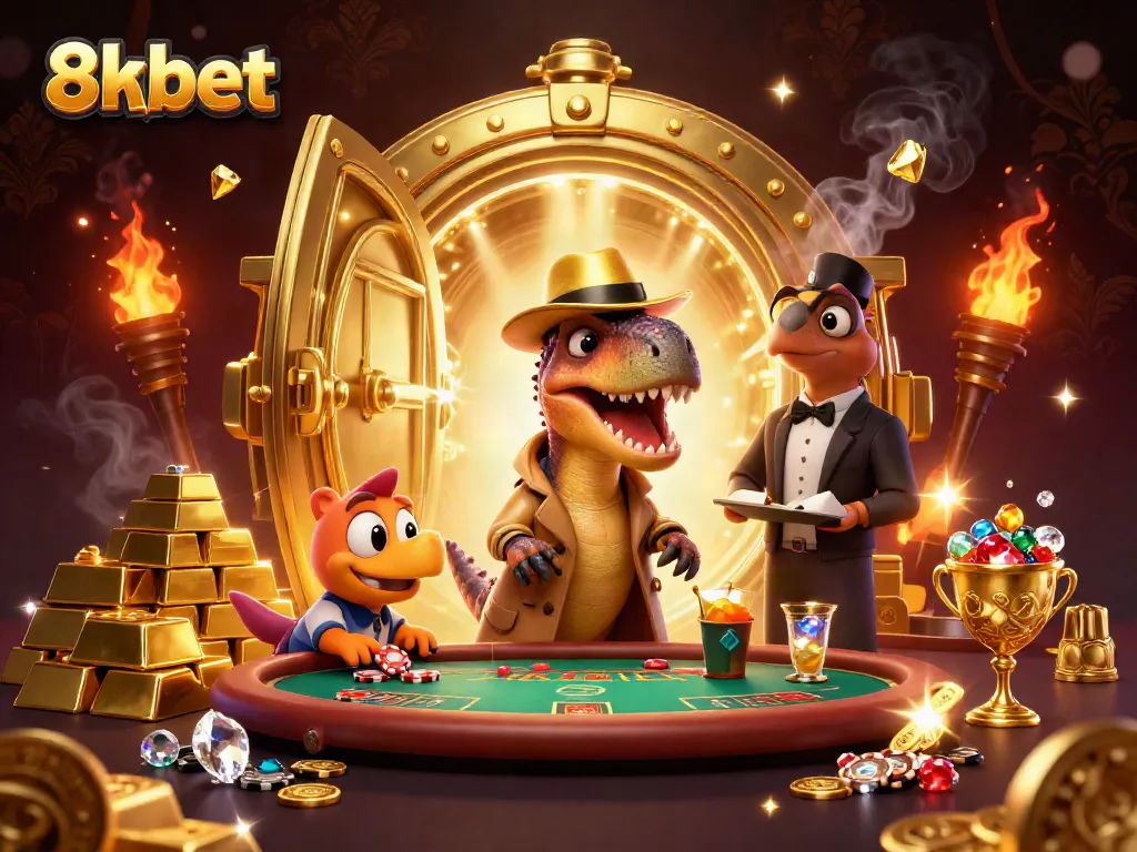 Experience thrilling gameplay with 8xbet as a velociraptor card counter sneaks chips in a vibrant casino scene.