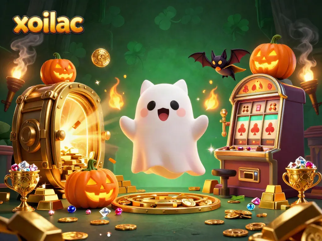 Experience the thrill of xoilac with a friendly ghost cat and bat companion in a haunted casino.