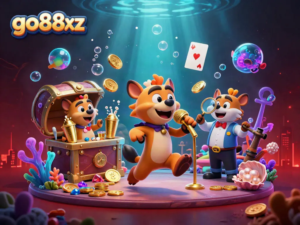 Experience the laughter and excitement at go88xz's comedy casino club with hyenas performing and vibrant underwater decorations.