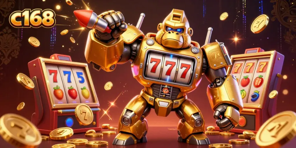 Engage with the electrifying c168 slots scene featuring a golden gorilla mech amid dynamism and excitement.