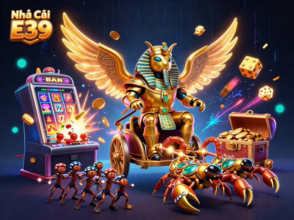 Engage with thrilling games at Nhà Cái E39, featuring a dynamic casino scene with games and characters.