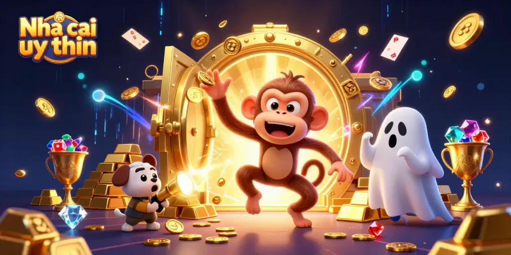 Nha cai uy tin: Explore vibrant, dynamic casino scene with a mischievous monkey and curious puppy pursuing golden treasures.