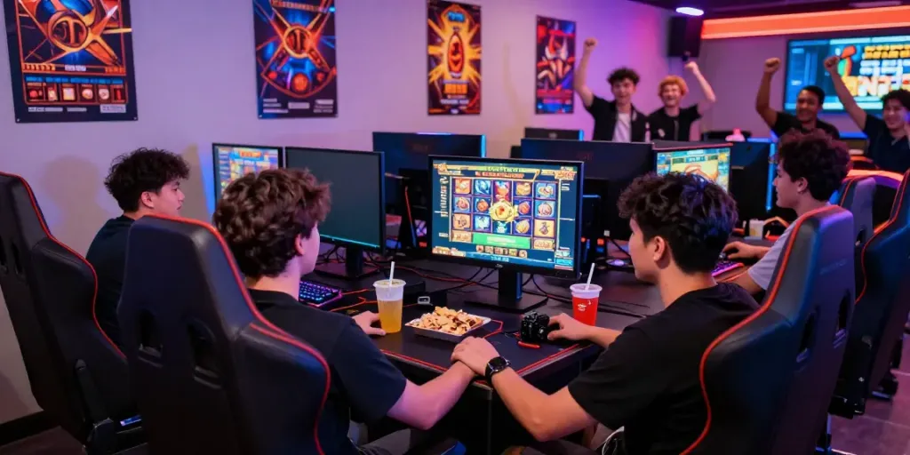 Gamer enjoying popular slot games in a vibrant gaming lounge.