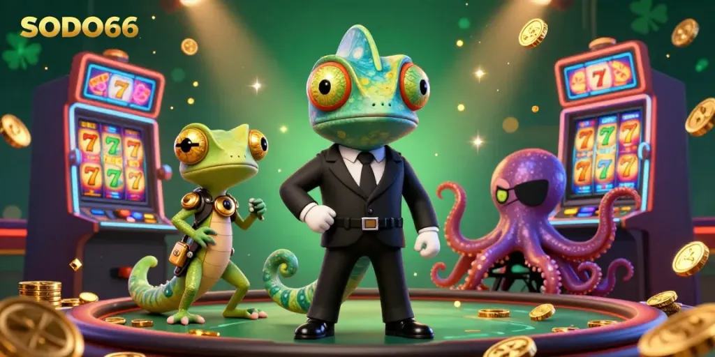 SODO66's thrilling casino adventure with a colorful chameleon agent, tech-savvy gecko, and cunning octopus!