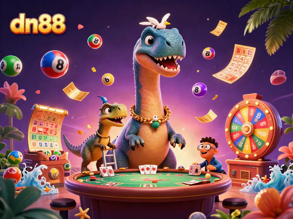 Engage in vibrant action with dn88 at a bustling casino, featuring a playful brontosaurus and clever raptor.