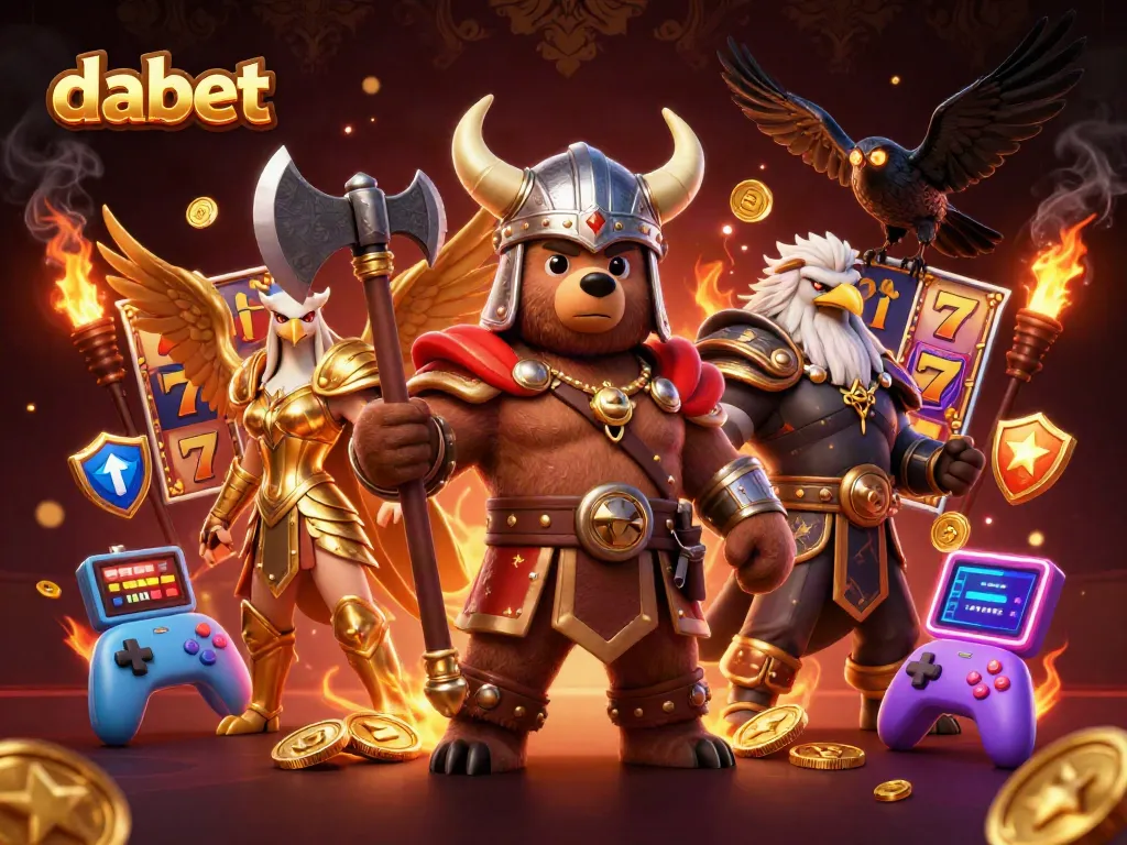 Dabet immersive gaming experience with Viking bear and Valkyrie eagle in a vibrant casino scene