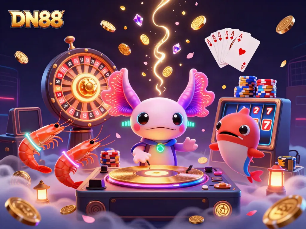 Experience the enchanting world of DN88 as vibrant characters spin on colorful casino-themed settings filled with gold coins and gems.