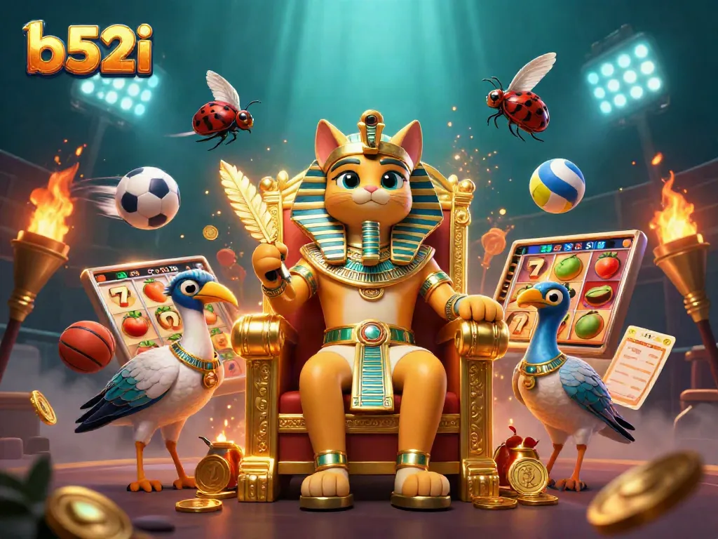 Engage with b52i through thrilling slot reels and vibrant characters in this dynamic casino illustration.