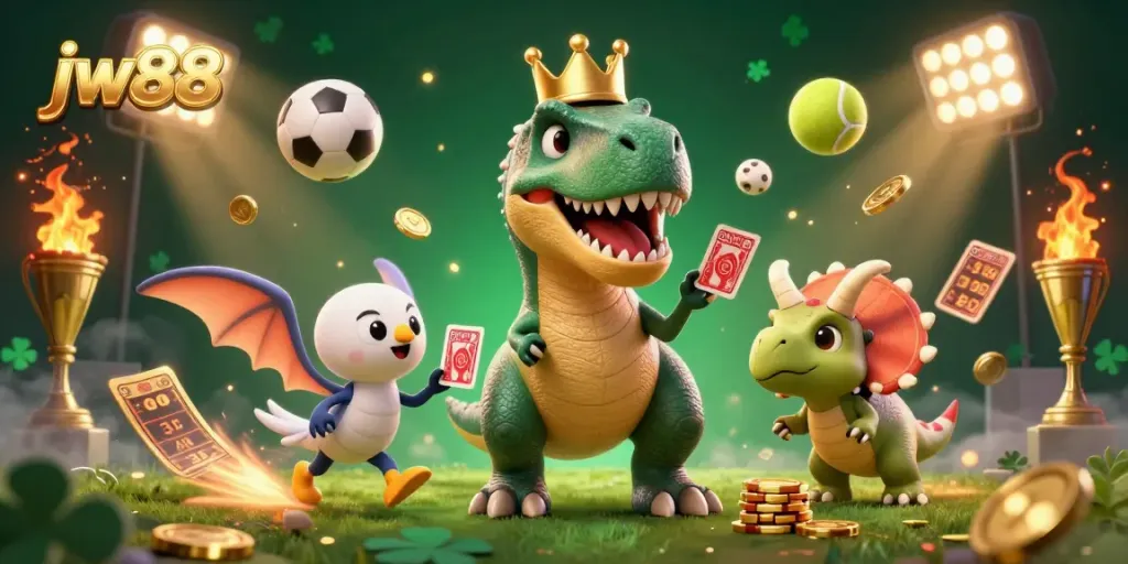Place your bets with jw88 as a T-Rex shuffles cards, enhanced by dynamic sports visuals.
