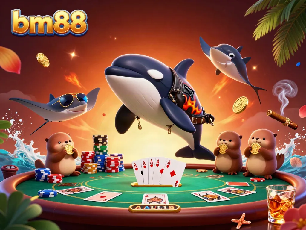 Experience the thrill of bm88 gaming with orca, stingray, and otters in a vibrant casino scene.