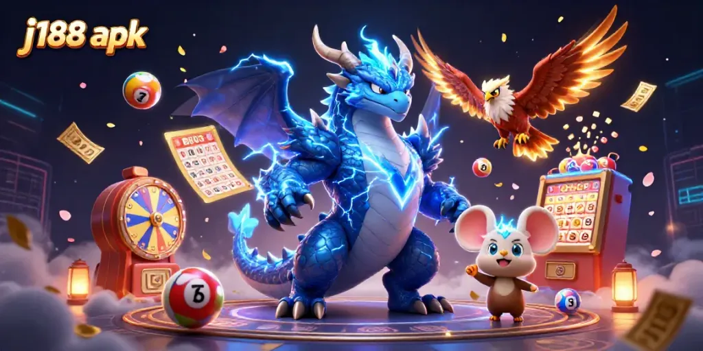 Experience the thrill of the j188 apk with vibrant casino elements in a magical casino illustration.