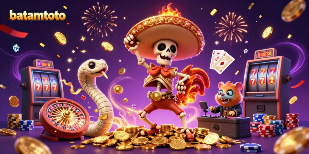 Experience the thrilling victory dance of batamtoto with a joyful mariachi rooster and vibrant casino elements.