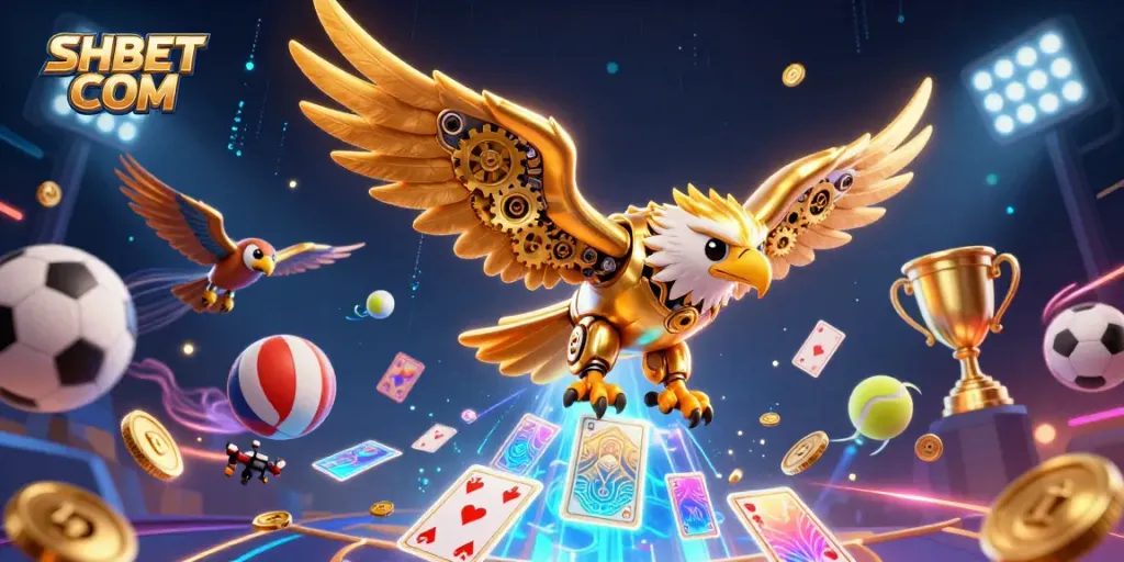 Experience thrilling bets with SHBET COM as golden eagle navigates through dynamic casino elements.