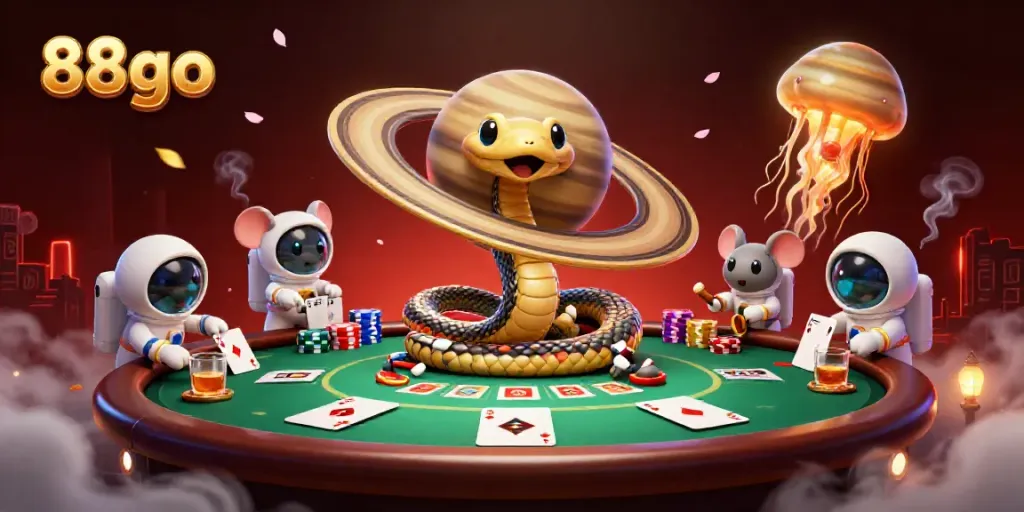 Experience the thrill of 88go with a vibrant casino scene featuring a cosmic dealer and playful betting astronauts.