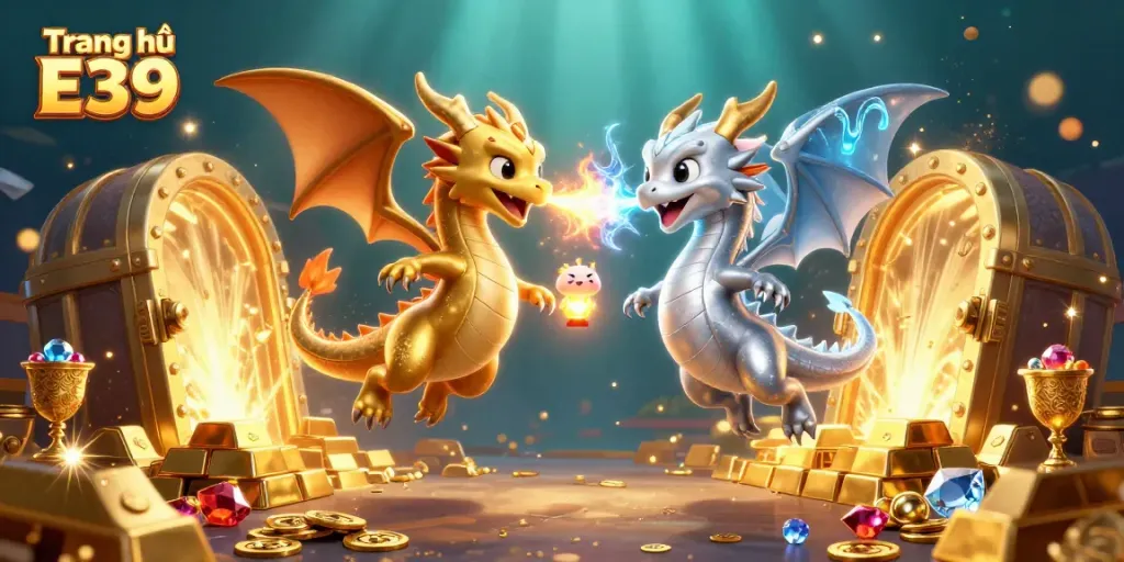 Experience the thrilling world of Trang chủ E39 as twin dragons collide in a battle of fire and ice amidst sparkling treasure.