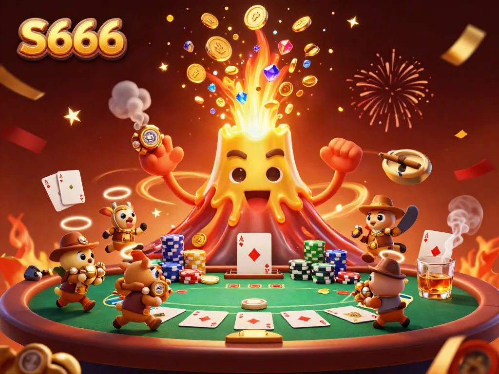 Experience excitement with S666 as a golden volcano erupts treasures amidst poker and confetti.