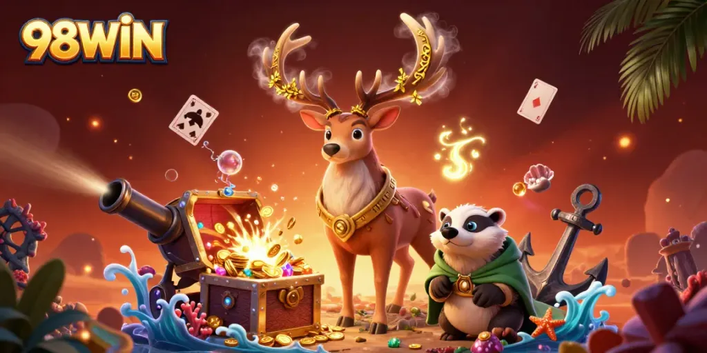 Spin to win with 98WIN in a vibrant underwater casino adventure filled with treasures.