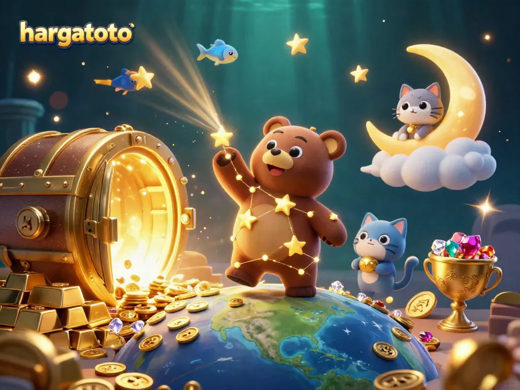 Experience hargatoto's adventure with a constellation bear collecting coins surrounded by treasure and magic.