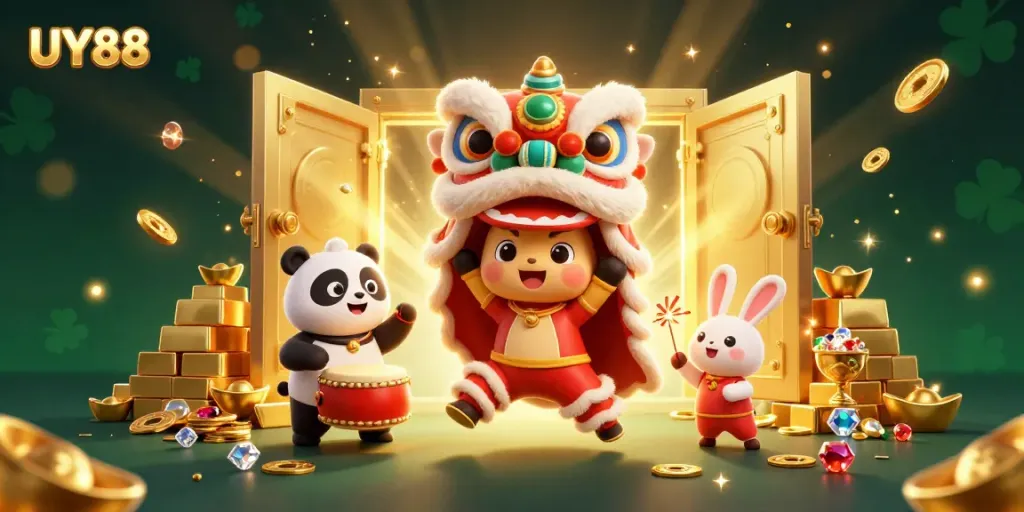 Experience excitement at UY88 with festive characters surrounded by riches, capturing the essence of gaming.