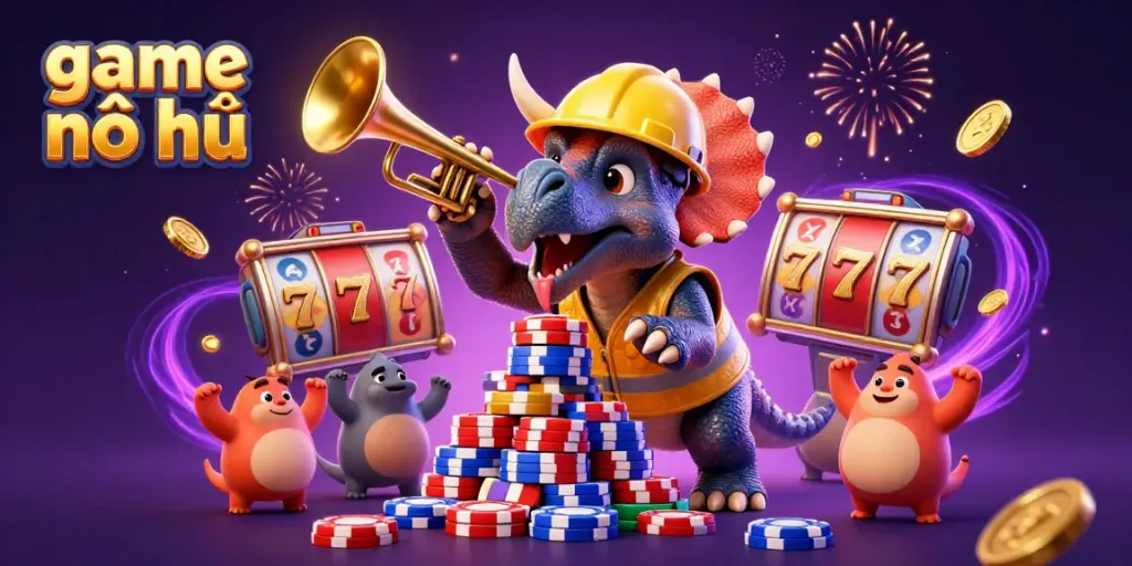 Engage with the vibrant game nổ hũ scene featuring dynamic slot reels, cheerful characters, and celebratory elements.