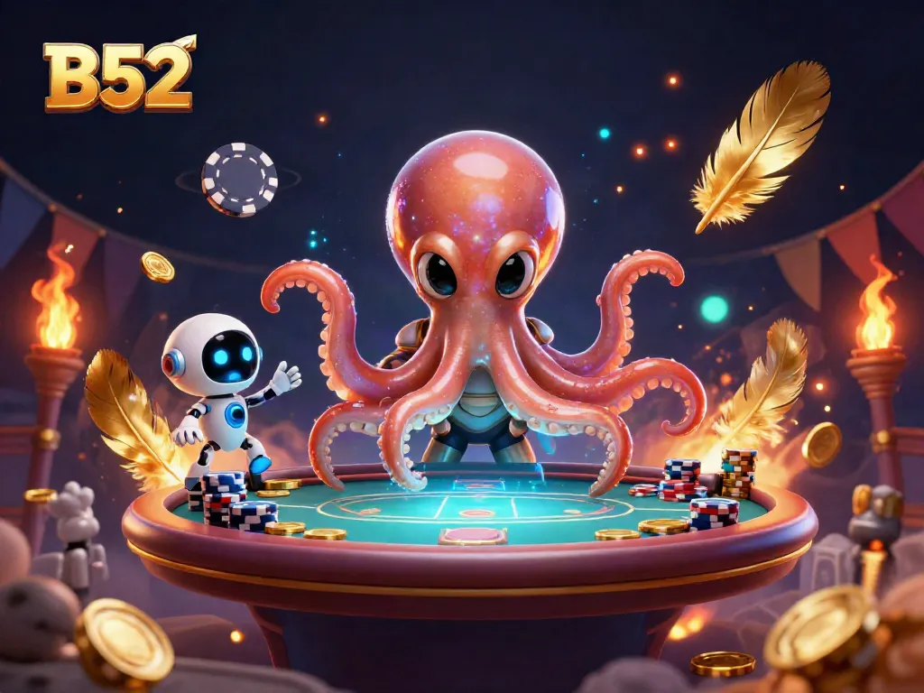 Engage with the B52 alien octopus at a holographic poker table surrounded by floating chips in a cosmic casino.