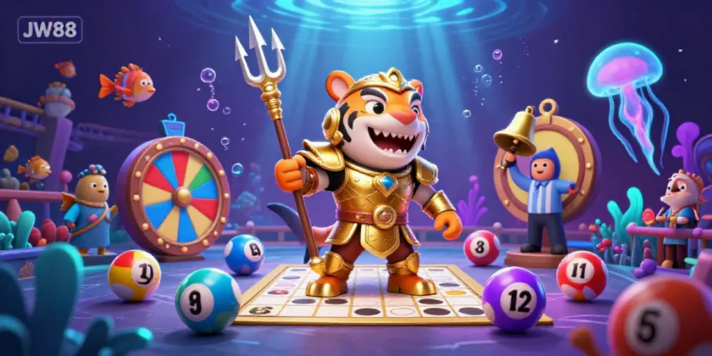 Experience JW88's exciting underwater casino with colorful lottery elements and a fierce shark warrior.