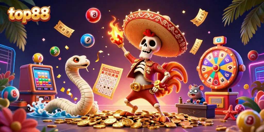 Engage in top88's thrilling atmosphere with a vibrant 3D casino illustration, highlighting fun gaming elements.