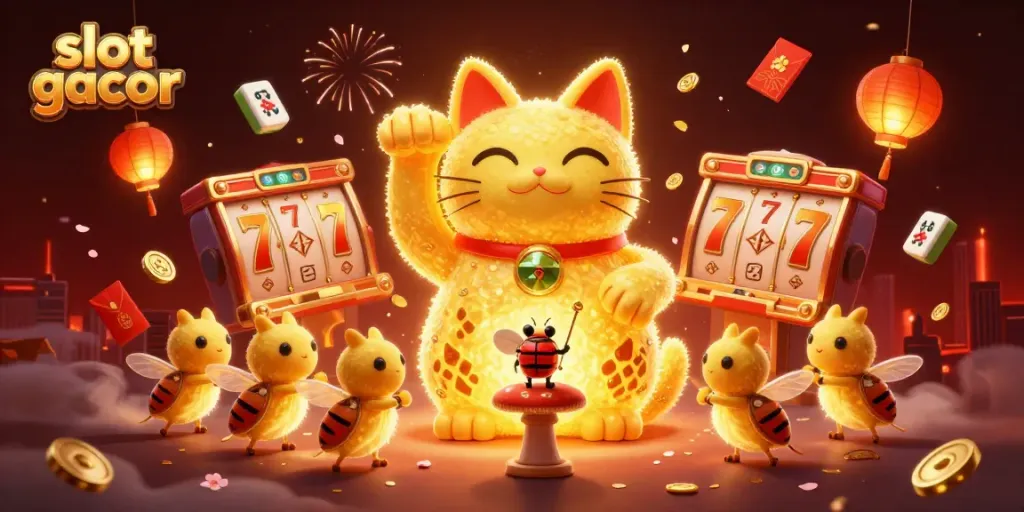 Gambarkan slot gacor dengan kucing keberuntungan dan elemen kasino menarik lainnya dalam ilustrasi 3D.