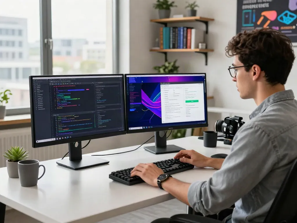 Developer working on istana404 project at modern desk with dual monitors and coding environment.