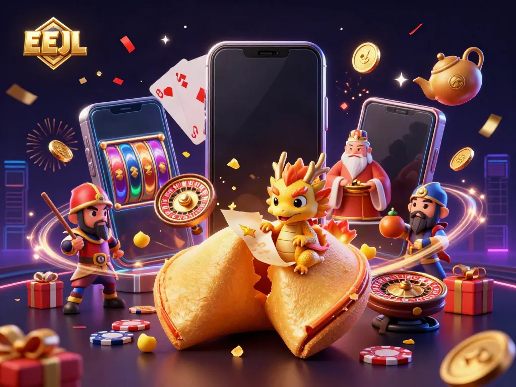EEJL online casino art depicting fortune cookie dragon, winning slots, and festive elements.