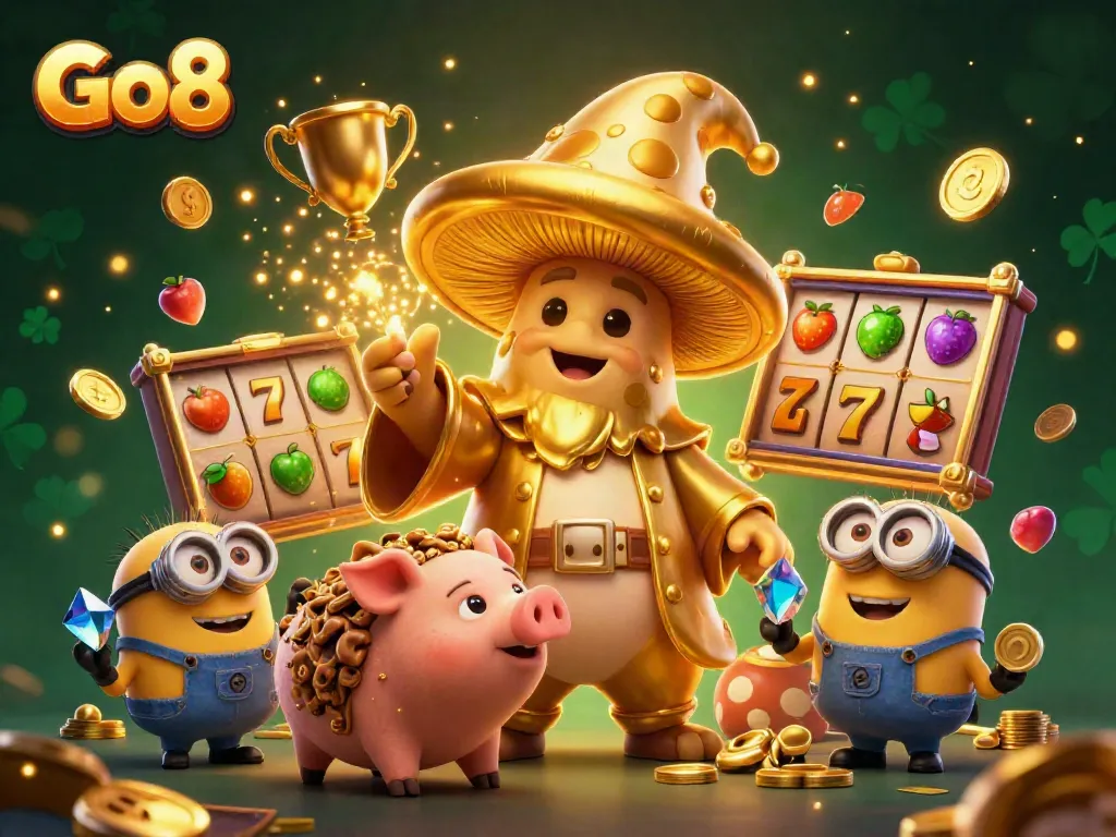 Experience the thrilling magic of Go8 with golden mushroom wizard and treasure hunting in an exciting casino gaming backdrop.
