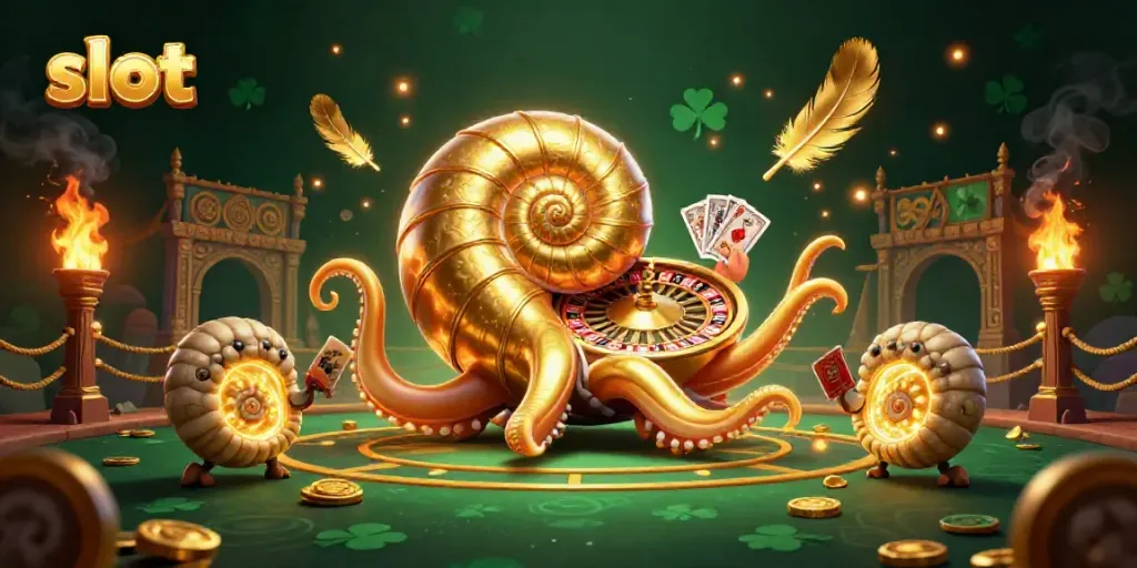 Experience thrilling slot gameplay with a vibrant 3D nautilus character, glowing ammonites, and golden casino elements.