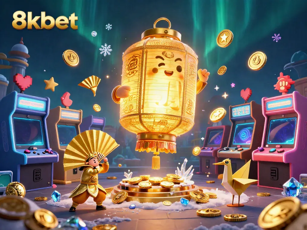 Engage with 8xbet in a vibrant 3D casino scene filled with golden lanterns and interactive game elements.