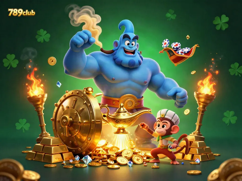 Experience the thrill of gaming with 789club's vibrant genie and treasures in this captivating illustration.