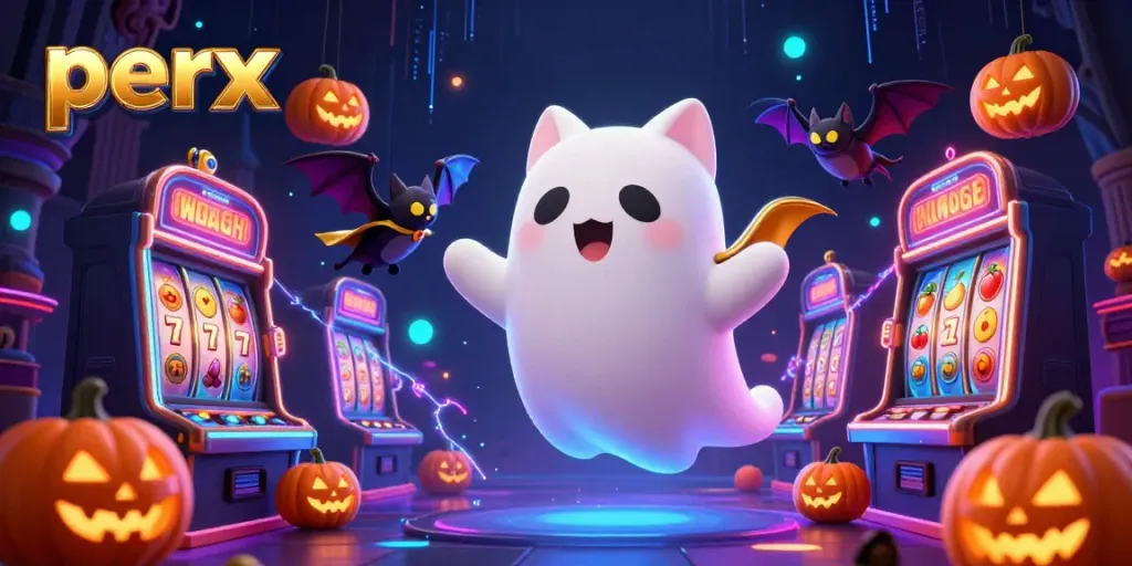 Win big with the perx ghost cat floating amid glowing jack-o-lanterns and slot machines.