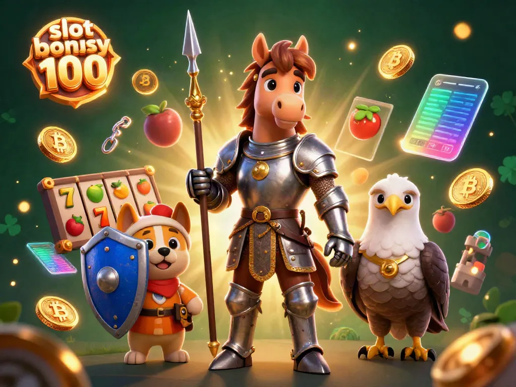 Feel the excitement of slot bonus 100 with a knight, puppy, and falcon amidst vibrant casino elements.