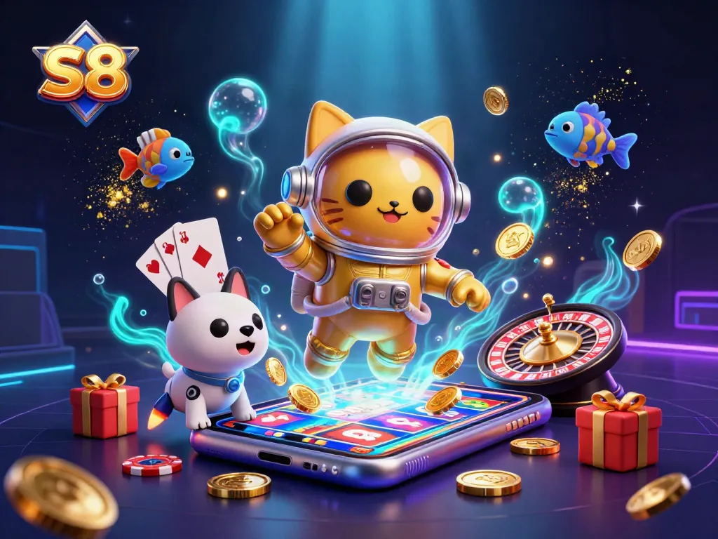 S8 engages players with vibrant slots, thrilling games, and a cosmic atmosphere featuring a space cat.