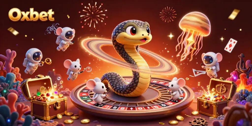 Enjoy betting on Oxbet with a vibrant 3D casino scene showcasing a cosmic roulette setup and colorful celebration.